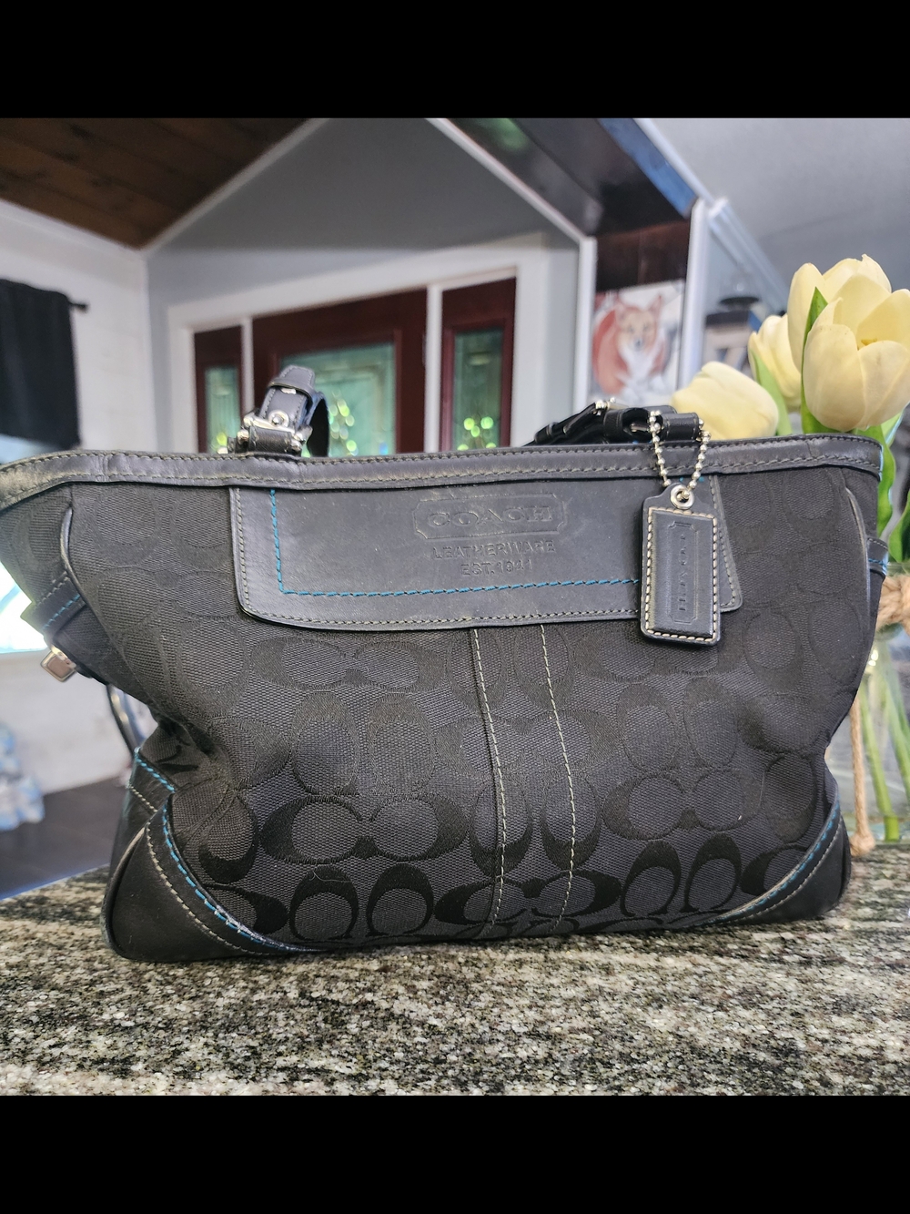 Coach Black Signature Canvas Tote with Leather Trim